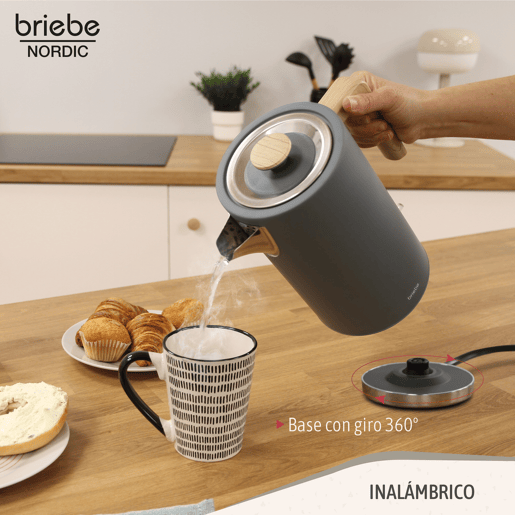 Briebe KT1165GRY Nordic Chaleira Elétrica 1,7 L Sem BPA, Base 360°, Controlador Strix, Desligamento Automático, 2200, Cinza