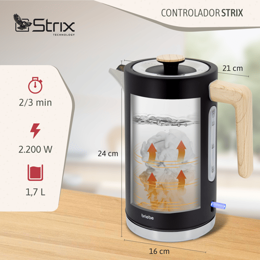 Briebe KT1165BLK Nordic Chaleira Elétrica 1,7 L Sem BPA, Base 360°, Controlador Strix, Desligamento Automático, 2200, Preto