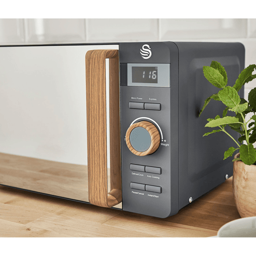 SWAN SM22036GRYNEUN Micro-ondas 20L,6 níveis de Funcionamento, Temporizador 30 min, Modo Degelo, design moderno, Cabo de Efeito Madeira, 800, Cinza