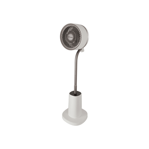 Ventilador de chão com motor DC e luz ambiente. Com função ECO (regula a velocidade em função da temperatura), temporizador até 9h e movimento 3D. Comando tátil e controlo remoto.