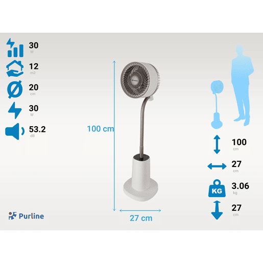 Ventilador de chão com motor DC e luz ambiente. Com função ECO (regula a velocidade em função da temperatura), temporizador até 9h e movimento 3D. Comando tátil e controlo remoto.