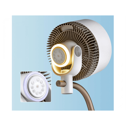 Ventilador de chão com motor DC e luz ambiente. Com função ECO (regula a velocidade em função da temperatura), temporizador até 9h e movimento 3D. Comando tátil e controlo remoto.