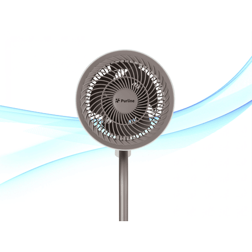 Ventilador de chão com motor DC e luz ambiente. Com função ECO (regula a velocidade em função da temperatura), temporizador até 9h e movimento 3D. Comando tátil e controlo remoto.
