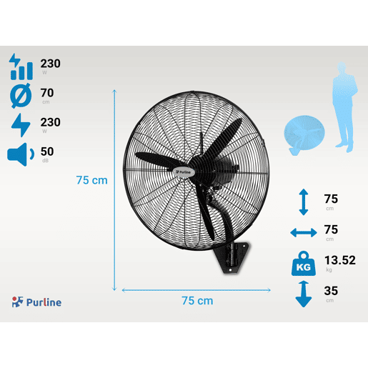 Ventilador industrial de parede 230W com pás de alumínio. 3 velocidades. 230W. Diâmetro das pás: 75cm. Corpo metálico. Oscilação horizontal automática de 90?