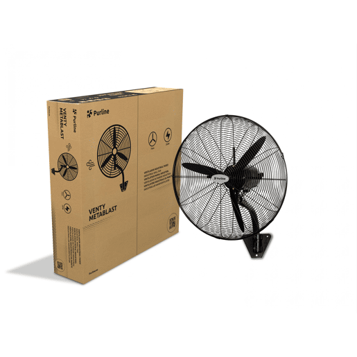 Ventilador industrial de parede 230W com pás de alumínio. 3 velocidades. 230W. Diâmetro das pás: 75cm. Corpo metálico. Oscilação horizontal automática de 90?