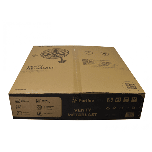 Ventilador industrial de parede 230W com pás de alumínio. 3 velocidades. 230W. Diâmetro das pás: 75cm. Corpo metálico. Oscilação horizontal automática de 90?