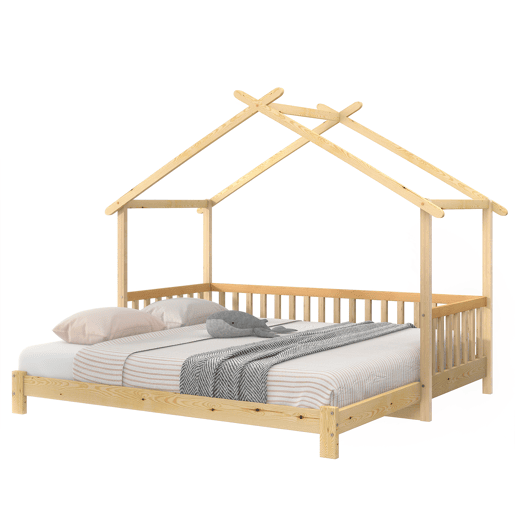Cama de criança,cama extensível,cama-casa de madeira de pinho 90x200cm,natural