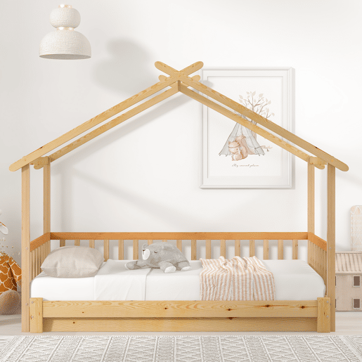 Cama de criança,cama extensível,cama-casa de madeira de pinho 90x200cm,natural
