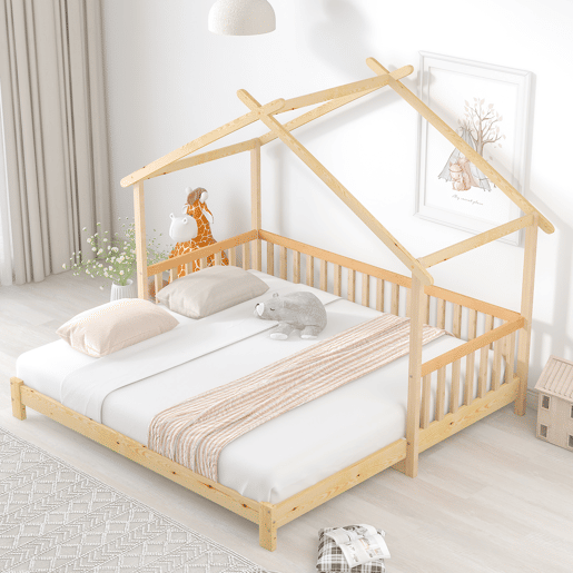 Cama de criança,cama extensível,cama-casa de madeira de pinho 90x200cm,natural