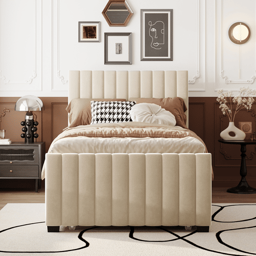 Cama estofada 90x190cm em veludo - com cama com gavetão 90x190cm - Bege