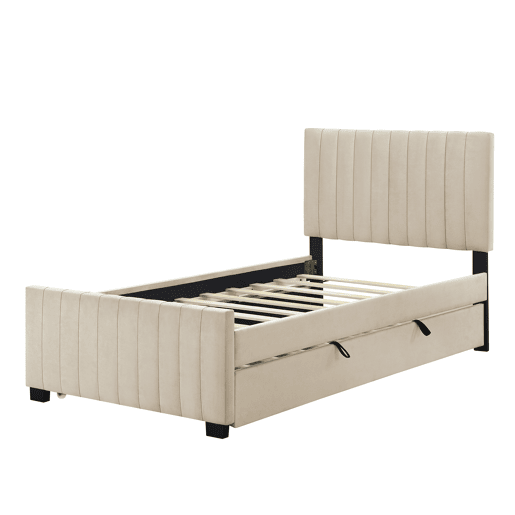 Cama estofada 90x190cm em veludo - com cama com gavetão 90x190cm - Bege