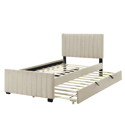 Cama estofada 90x190cm em veludo - com cama com gavetão 90x190cm - Bege