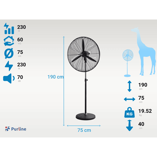 Ventilador industrial com pás de alumínio. Diâmetro das pás 75cm. Motor de alta qualidade com filamento de cobre. Base pesada de 6,5Kg para maior estabilidade.
