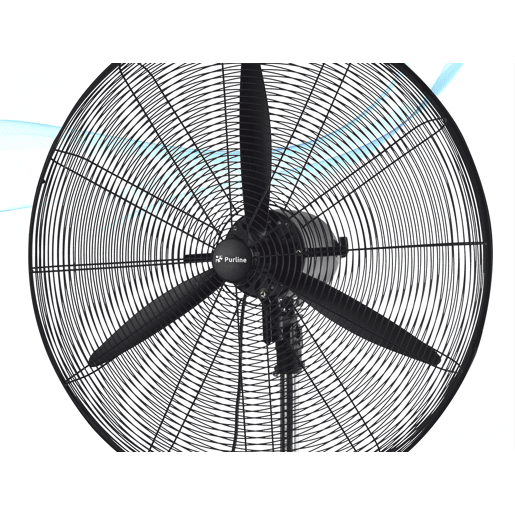 Ventilador industrial com pás de alumínio. Diâmetro das pás 75cm. Motor de alta qualidade com filamento de cobre. Base pesada de 6,5Kg para maior estabilidade.