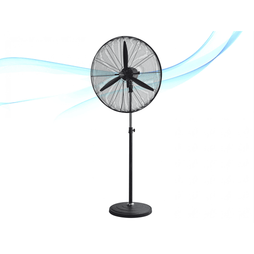 Ventilador industrial com pás de alumínio. Diâmetro das pás 75cm. Motor de alta qualidade com filamento de cobre. Base pesada de 6,5Kg para maior estabilidade.