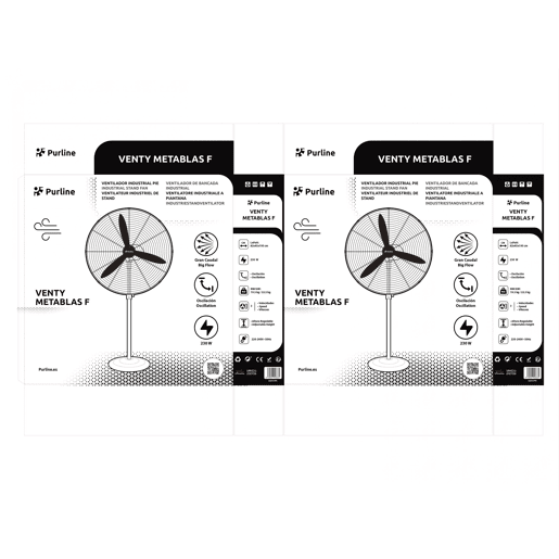 Ventilador industrial com pás de alumínio. Diâmetro das pás 75cm. Motor de alta qualidade com filamento de cobre. Base pesada de 6,5Kg para maior estabilidade.