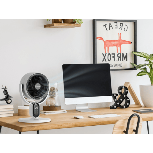 Ventilador digital de chão e de mesa Duas formas de utilização: como ventilador de chão ou de mesa. Controlo eletrónico. Painel tátil LED. 40W. 3 velocidades Direção do ar regulável. Oscilação horizontal automática.