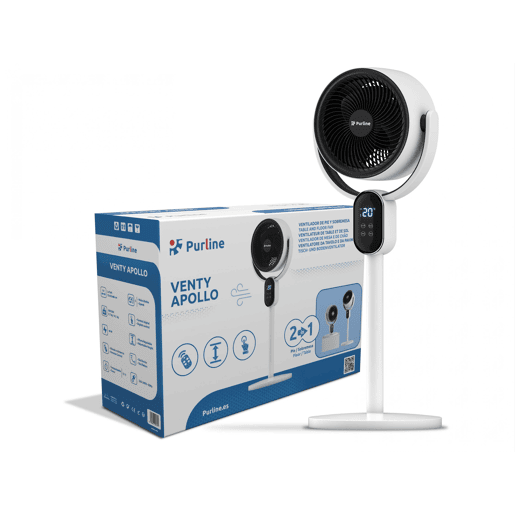 Ventilador digital de chão e de mesa Duas formas de utilização: como ventilador de chão ou de mesa. Controlo eletrónico. Painel tátil LED. 40W. 3 velocidades Direção do ar regulável. Oscilação horizontal automática.