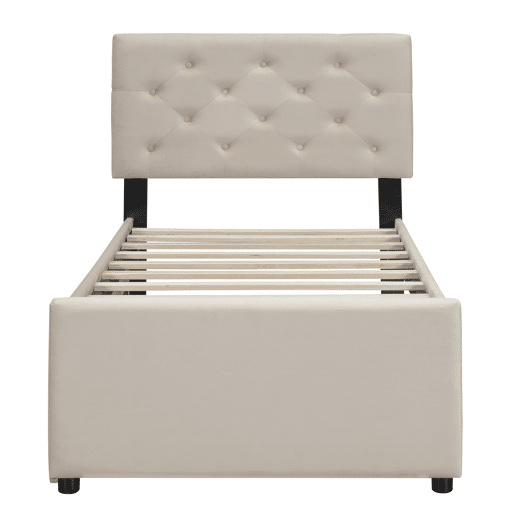 Cama individual 90x200cm em veludo - com cama de rodízio - com estrado de ripas - Bege (colchão não incluído)