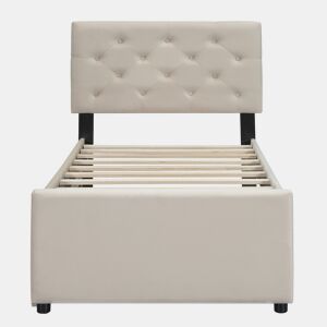 Cama individual 90x200cm em veludo - com cama de rodízio - com estrado de ripas - Bege (colchão não incluído)