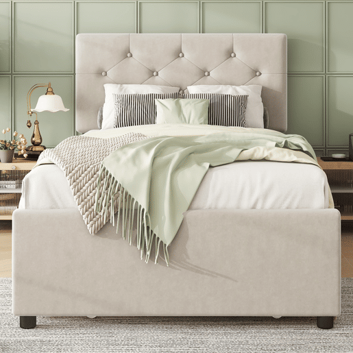 Cama individual 90x200cm em veludo - com cama de rodízio - com estrado de ripas - Bege (colchão não incluído)