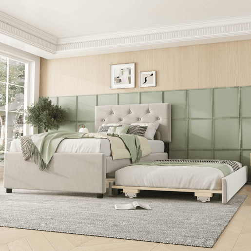 Cama individual 90x200cm em veludo - com cama de rodízio - com estrado de ripas - Bege (colchão não incluído)