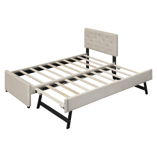 Cama individual 90x200cm em veludo - com cama de rodízio - com estrado de ripas - Bege (colchão não incluído)