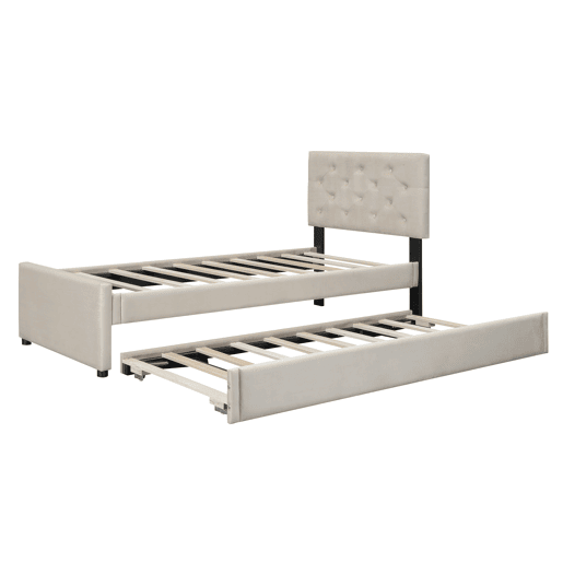 Cama individual 90x200cm em veludo - com cama de rodízio - com estrado de ripas - Bege (colchão não incluído)
