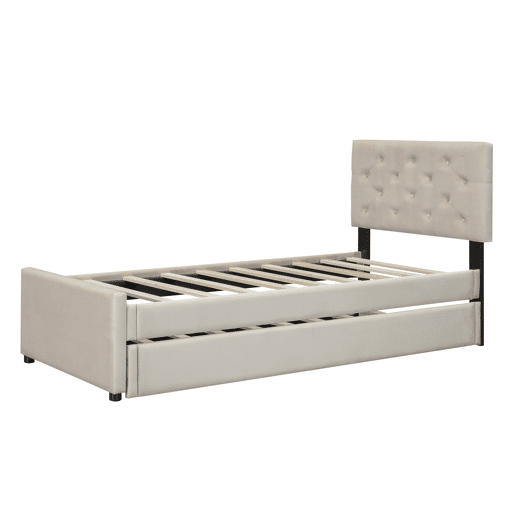 Cama individual 90x200cm em veludo - com cama de rodízio - com estrado de ripas - Bege (colchão não incluído)