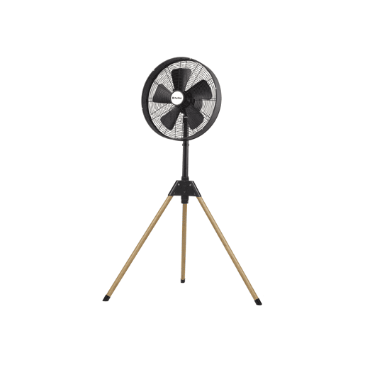 Ventoinha de tripé de design vintage exclusivo. Fabricado em metal, com acabamento em madeira. 50W. 3 velocidades. 5 pás. Altura regulável. Oscilação horizontal automática de 90? Ângulo de inclinação regulável.