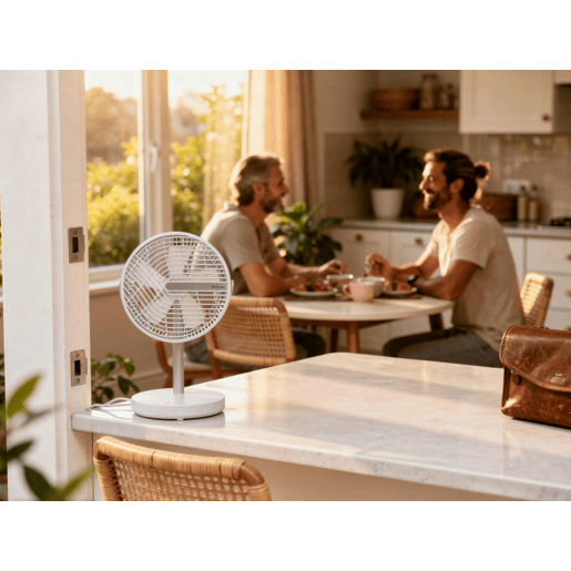 Ventilador USB-C com oscilação automática de 40º e desenho feito de ABS branco. Ventilador USB-C com oscilação automática de 40º e desenho feito de ABS branco.