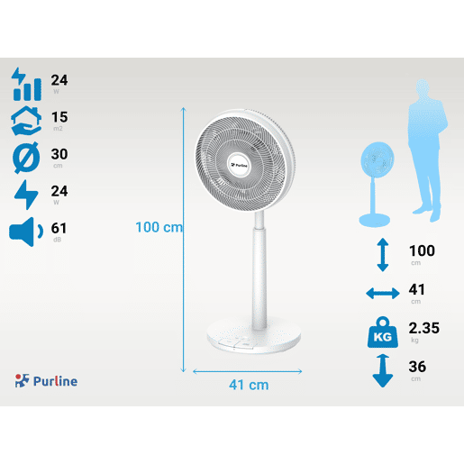 Ventilador de chão com motor DC e bateria de lítio e 9 pás. Acionado com o pé e com os pés para maior conforto. Altura regulável. Temporizador até 15 horas. Com controlo remoto.