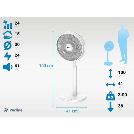 Ventilador de chão com motor DC e bateria de lítio e 9 pás. Acionado com o pé e com os pés para maior conforto. Altura regulável. Temporizador até 15 horas. Com controlo remoto.
