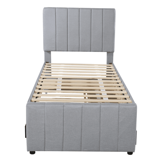 Cama estofada em linho 90x200 cm - com cama com rodízios e 3 gavetas - Cinzento