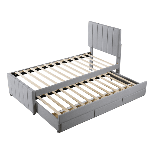 Cama estofada em linho 90x200 cm - com cama com rodízios e 3 gavetas - Cinzento