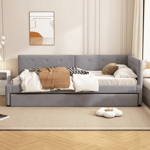 Sofá-cama estofado em veludo 90x200cm + cama com gavetão 90x190cm - Cinzento