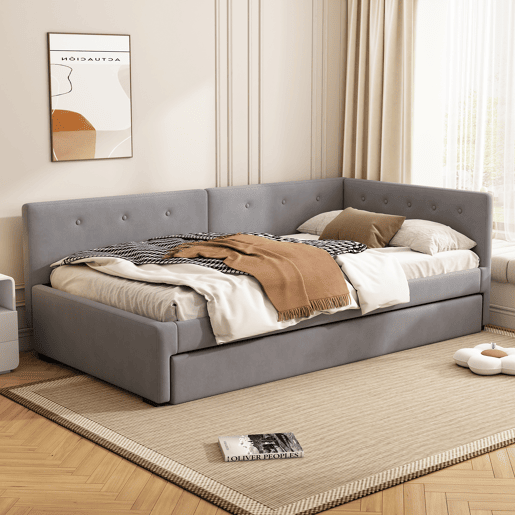 Sofá-cama estofado em veludo 90x200cm + cama com gavetão 90x190cm - Cinzento