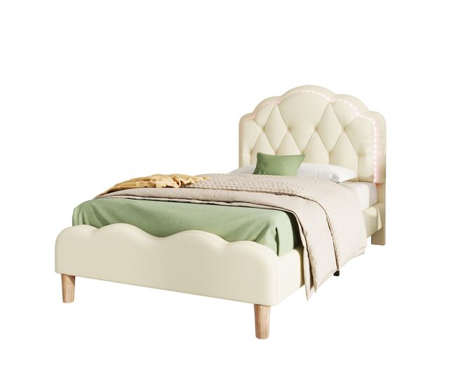 Cama infantil de poliuretano 90x200cm con luz led y cabecero ondulado,beige