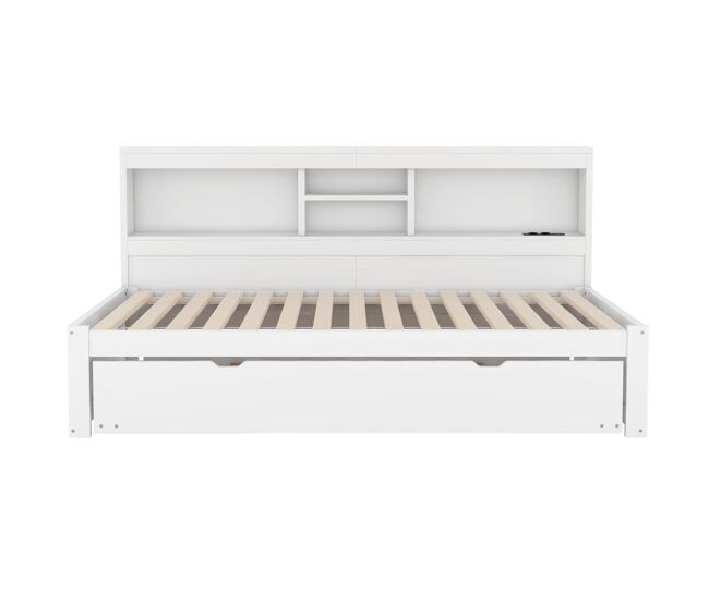 Diván de 90x200cm con cama nido de 90x190cm - mesilla de noche con almacenaje, led y enchufes - blanco