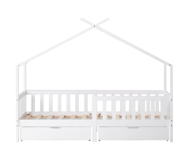 Cama infantil,cama cabaña de madera maciza 90x200cm con 2 cajones y protección contra caídas,blanco