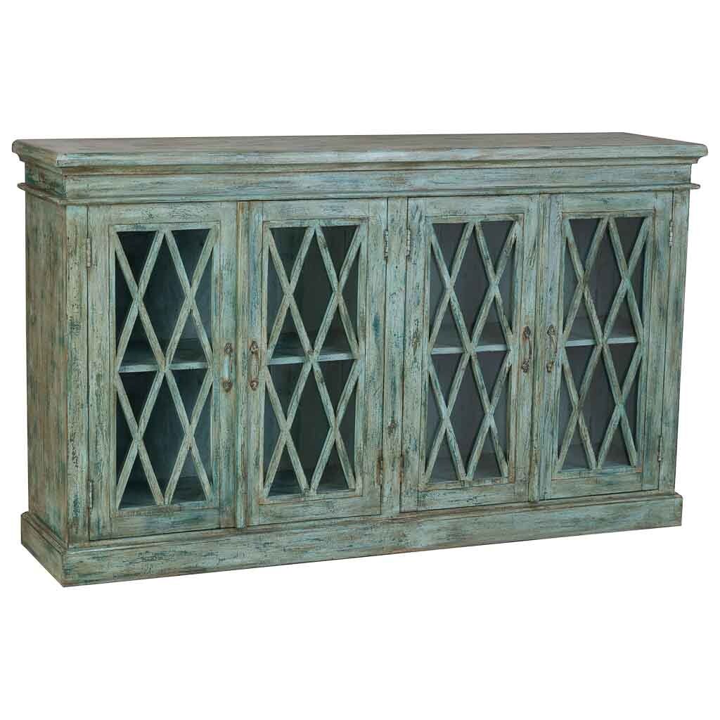 Aparador de madera y cristal con 4 puertas, azul170x40x100h cm
