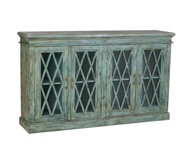 Aparador de madera y cristal con 4 puertas, azul170x40x100h cm