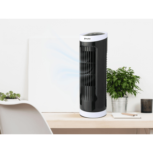Ventoinha de torre de secretária Controlo eletrónico. 20W. Painel tátil. Design compacto 3 velocidades Oscilação automática. Temporizador.