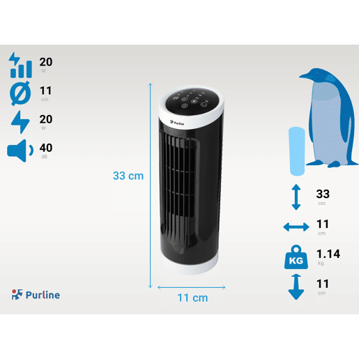 Ventoinha de torre de secretária Controlo eletrónico. 20W. Painel tátil. Design compacto 3 velocidades Oscilação automática. Temporizador.