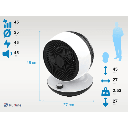 Ventilador de mesa, sem lâminas e com oscilação automática. Inclui painel electrónico com 3 velocidades, 3 modos e temporizador.