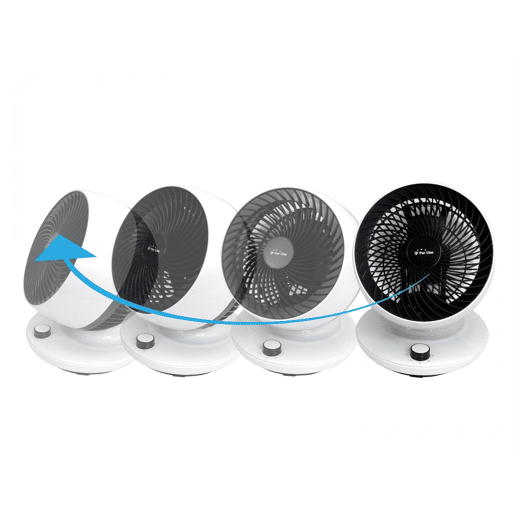 Ventilador de mesa, sem lâminas e com oscilação automática. Inclui painel electrónico com 3 velocidades, 3 modos e temporizador.