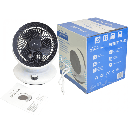 Ventilador de mesa, sem lâminas e com oscilação automática. Inclui painel electrónico com 3 velocidades, 3 modos e temporizador.