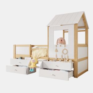 Cama de criança,cama-casa,cama alta de madeira de pinho 90x200cm com 4 gavetas,branco+natural