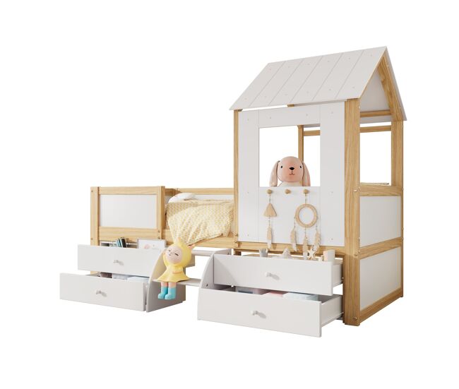 Cama infantil,cama cabaña,cama de media altura de madera de pino 90x200cm con 4 cajones,blanco+natural
