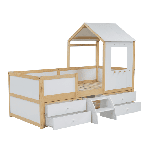 Cama de criança,cama-casa,cama alta de madeira de pinho 90x200cm com 4 gavetas,branco+natural